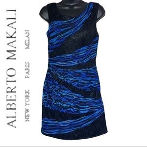 Alberto Makali Black/Blue Ruched Mesh Evening Cocktail Mini Dress Size 8